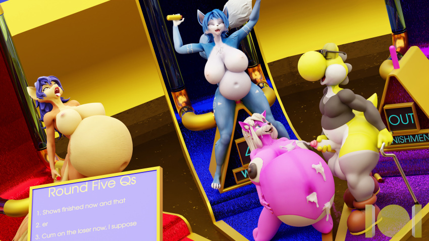 absurd_res ahegao areola belly_inflation big_breasts black_areola black_nipples blue_body blue_eyes blue_fur blue_hair bodily_fluids breasts canid canine canis carmelita_fox cum cum_on_belly cum_on_body cum_on_breasts cum_on_face dildo eyewear female fox fur game_show genital_fluids genitals glasses group hair hi_res inflation kneeling krystal looking_pleasured male male/female mammal mario_bros masturbation nintendo nipples onehundredandone orange_body orange_fur pink_body pink_fur pussy sex_toy sly_cooper_(series) sony_corporation sony_interactive_entertainment star_fox sucker_punch_productions tongue tongue_out video_games water_inflation white_hair wolf yoshi yuni_hermit