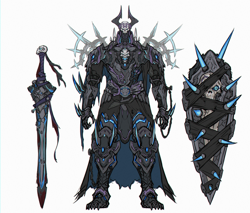1boy armor bandages belt belt_buckle black_armor black_cape black_horns blood blood_on_bandages blood_on_weapon blue_cape blue_eyes breastplate buckle cape chain clawed_gauntlets fate_(series) flat_color gauntlets glowing grey_background highres horns king_hassan_(fate) looking_at_viewer male_focus multicolored_cape multicolored_clothes multicolored_horns nail ninnin_(shishitou) pauldrons purple_horns reference_sheet shield shoulder_armor simple_background sketch skull solo spiked_shield spikes standing sword torn torn_cape torn_clothes two-tone_cape vambraces weapon
