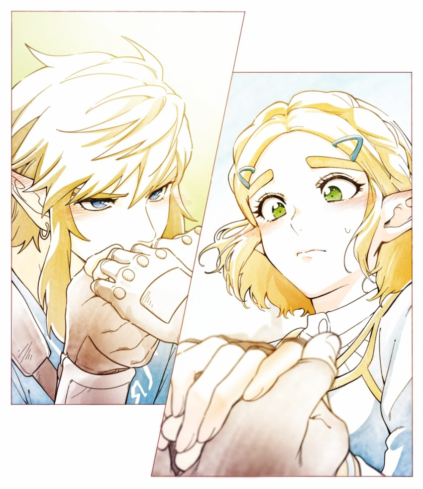 1boy 1girl blonde_hair blue_eyes blue_shirt blue_tunic blurry blurry_foreground blush border couple earrings fingerless_gloves gloves green_eyes hair_ornament hairclip high_collar highres holding_hands jewelry kiss kissing_hand link looking_down looking_up medium_hair multiple_views pointy_ears princess_zelda shirt short_hair shoulder_strap sidelocks sweatdrop the_legend_of_zelda the_legend_of_zelda:_breath_of_the_wild thick_eyebrows tnp upper_body