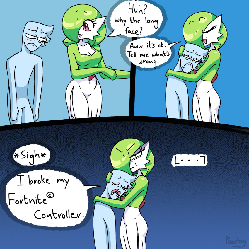 ... 2022 3_panel_comic arm_around_neck black_eyes blue_body breasts cleavage clothed clothing comforting duo embrace english_text eyes_closed featureless_feet female gardevoir green_hair hair hair_over_eye hand_on_another's_head head_on_head hi_res humanoid male medium_breasts nintendo not_furry one_eye_obstructed pearboy-ooh pearboy_(oc) pok&eacute;mon pok&eacute;mon_(species) red_eyes sad sierra_(pearboy-ooh) signature size_difference speech_bubble text video_games