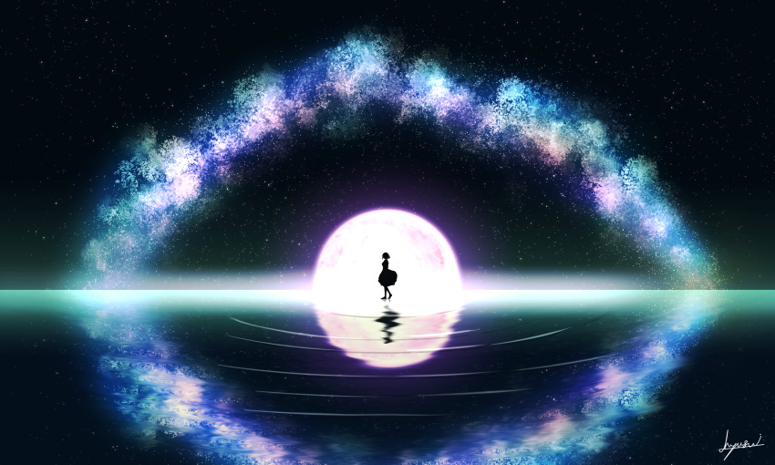 1girl absurdres artist_name aurora dress galaxy h_yuusui highres long_dress looking_to_the_side moon moonlight night night_sky original reflection reflective_water scenery short_hair signature silhouette sky solo star_(sky) starry_sky walking waves