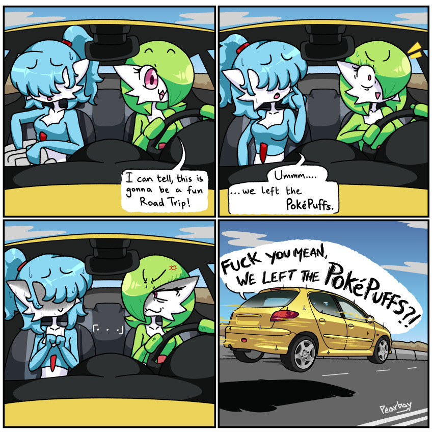 ... 2021 4_panel_comic :3 absurd_res big_pupils blue_hair breasts cross-popping_vein dilated_pupils driving duo english_text eye_contact featureless_feet female gardevoir green_hair hair hair_over_eye hair_over_eyes hi_res humanoid humor looking_at_another nervous_smile nervous_sweat nintendo not_furry one_eye_obstructed pearboy-ooh pok&eacute;mon pok&eacute;mon_(species) ponytail profanity pupils red_eyes road_trip shiny_pok&eacute;mon sierra_(pearboy-ooh) signature speech_bubble text video_games yelling