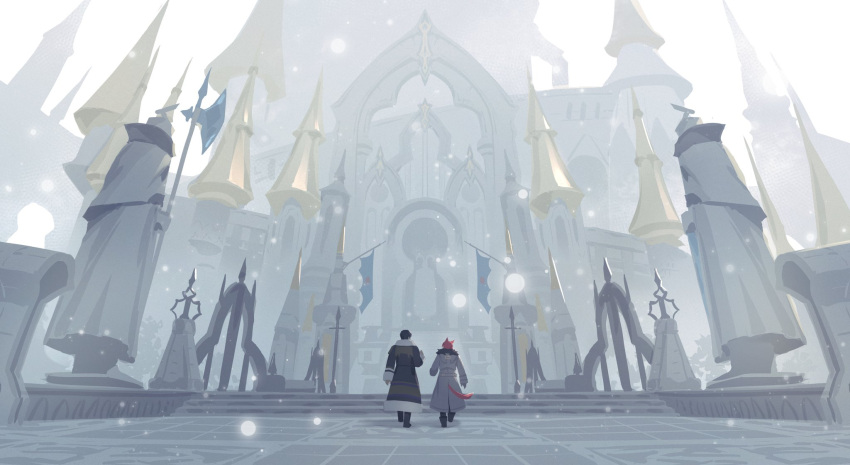 2boys adventurer_(ff14) alternate_costume animal_ears arch banner black_coat black_footwear black_pants boots brown_hair building castle cat_boy cat_ears cat_tail city cityscape coat commentary day facing_away final_fantasy final_fantasy_xiv flag from_behind fur-trimmed_coat fur_trim g'raha_tia gate gloves grey_coat grey_gloves halberd highres hyur in-universe_location long_sleeves male_focus miqo'te multiple_boys outdoors pants polearm red_hair scenery short_hair sky snowing statue tail tower walking weapon wide_shot winter winter_clothes zhongffuse