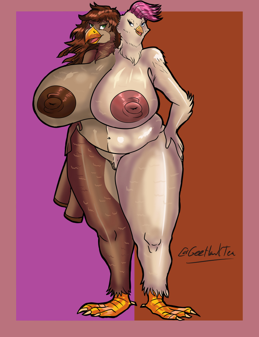 abdominal_bulge absurd_res accipitrid accipitriform anthro areola avian belly big_breasts bird breasts chicken conjoined duo eagle female female/female fusion galliform gallus_(genus) geehawttea hay hi_res huge_breasts merging phasianid pilot standing thick_thighs what what_has_science_done