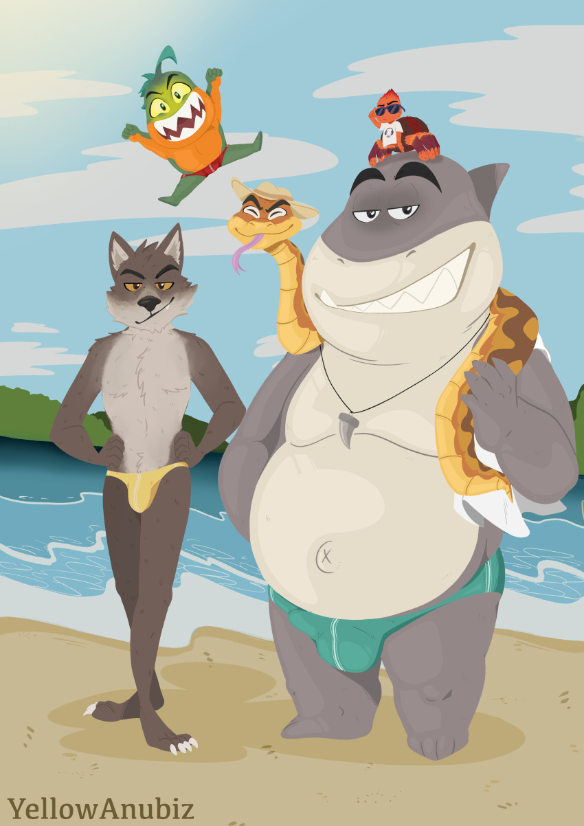 absurd_res anthro arachnid arthropod beach bulge canid canine canis chubby_male clothing dreamworks female feral fish group hi_res male male/male mammal marine mr._piranha_(the_bad_guys) mr._shark_(the_bad_guys) mr._snake_(the_bad_guys) mr._wolf_(the_bad_guys) ms._tarantula_(the_bad_guys) mygalomorph piranha_(fish) reptile scalie seaside serrasalmid shark slightly_chubby slim snake spider swimming_trunks swimwear tarantula the_bad_guys thong trio underwear wolf yellowanubiz