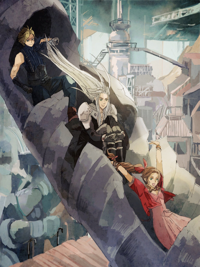 1girl 2boys :d aerith_gainsborough armor arms_up bangle bangs belt black_jacket blonde_hair blue_pants blue_shirt bombyxmori_ckr bracelet braid braided_ponytail brown_hair city cloud_strife cropped_jacket dress final_fantasy final_fantasy_vii final_fantasy_vii_remake gloves green_eyes grey_hair hair_ribbon highres hugging_own_legs jacket jewelry long_dress multiple_belts multiple_boys open_mouth outstretched_arms pants parted_bangs pink_dress pink_ribbon red_jacket ribbon sephiroth shirt short_hair short_sleeves shoulder_armor sidelocks sleeveless sleeveless_turtleneck sliding slums smile spiked_hair suspenders turtleneck