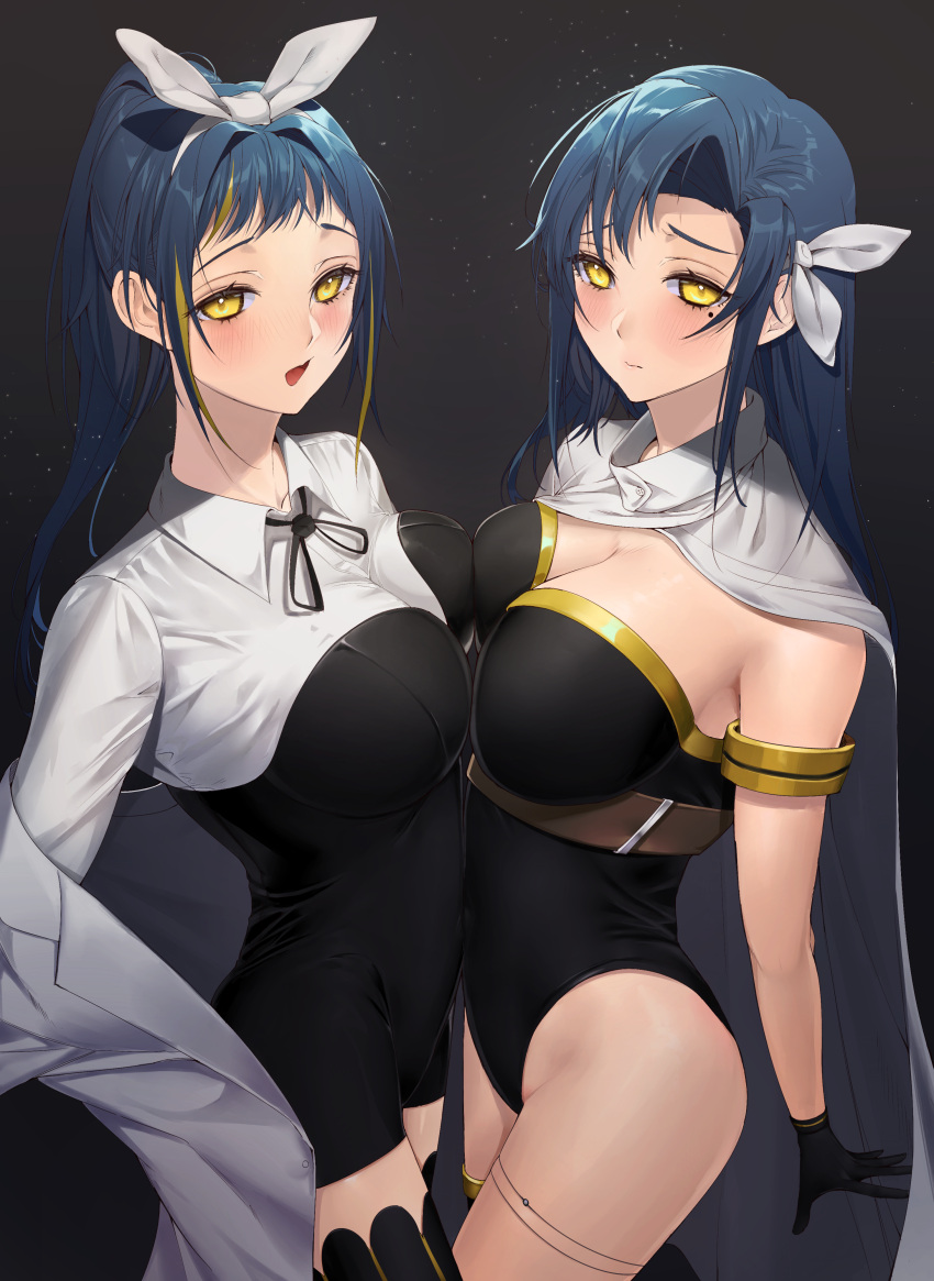 2girls absurdres bangs belt black_gloves black_leotard black_thighhighs blonde_hair blue_hair blush borrowed_character breast_press breasts brown_belt cape closed_mouth coat gloves hair_ribbon highres large_breasts leotard long_hair looking_at_viewer loose_belt lubban mole mole_under_eye multicolored_hair multiple_girls off_shoulder open_clothes open_coat open_mouth original parted_bangs ponytail ribbon streaked_hair symmetrical_docking thigh_strap thighhighs thighlet white_cape white_coat white_ribbon yellow_eyes
