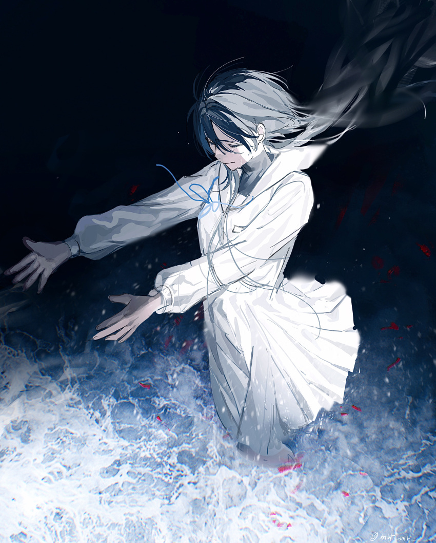 1girl absurdres banned_artist black_hair blue_ribbon closed_eyes closed_mouth crying dress hair_between_eyes highres long_hair mrt_mr original petals petals_on_liquid reaching_out ribbon solo turtleneck wading white_dress