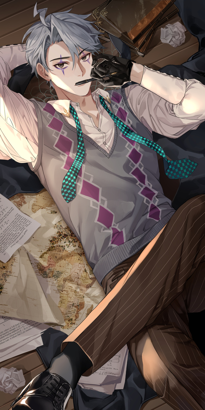 1boy absurdres ahoge argyle argyle_sweater_vest bangs black_eyes black_footwear black_gloves brown_pants collared_shirt commentary_request facial_mark fate/grand_order fate_(series) feet_out_of_frame gloves grey_hair highres holding holding_pen houndstooth james_moriarty_(fate) james_moriarty_(ruler)_(fate) korean_commentary long_sleeves looking_at_viewer lying male_focus map mguisvwh5y5m7zj necktie necktie_removed pants paper pen shirt short_hair solo striped striped_pants sweater_vest vertical-striped_pants vertical_stripes white_hair younger