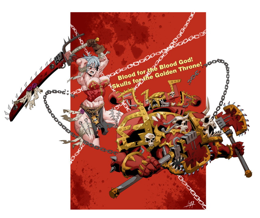 1boy 1girl abs absurdres adepta_sororitas adeptus_astartes axe breasts chain chain_axe chainsword chaos_(warhammer) corset dual_wielding english_text fake_horns gloves helmet highres holding holding_weapon horned_helmet horns jumping large_breasts loincloth muscular muscular_female power_armor purity_seal red_eyes rmulderz scar scar_across_eye sharp_teeth short_hair teeth warhammer_40k weapon white_hair