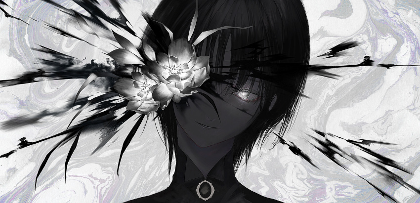 1other abstract_background ambiguous_gender black_flower black_gemstone black_hair black_skin close-up colored_skin eyelashes eyeliner flower flower_over_eye gem glowing glowing_eye grey_flower head_tilt highres makeup original parted_lips short_hair smile tmt unfinished upper_body white_eyes