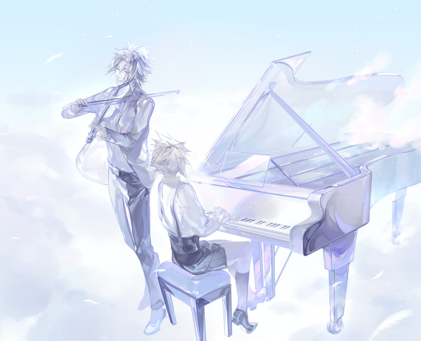 2boys bangs black_footwear black_hair black_pants black_shorts blonde_hair calf_socks cloud_strife dress_shoes facing_away final_fantasy final_fantasy_vii full_body highres instrument jacket male_focus multiple_boys music pants parted_bangs piano piano_bench playing_instrument playing_piano puffy_sleeves riio shirt shorts sitting smile spiked_hair suspenders violin white_shirt zack_fair