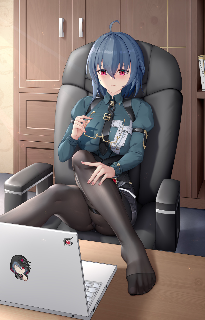 1girl absurdres ahoge bangs bartender black_hair black_necktie black_pantyhose cabinet cameltoe chair collared_shirt computer feet glasses green_shirt highres holding honkai_(series) honkai_impact_3rd indoors laptop legs long_sleeves looking_at_viewer lrh0123 mole mole_under_mouth necktie no_shoes office_chair pantyhose purple_eyes raven_(honkai_impact) shirt short_hair sitting smile solo table toes