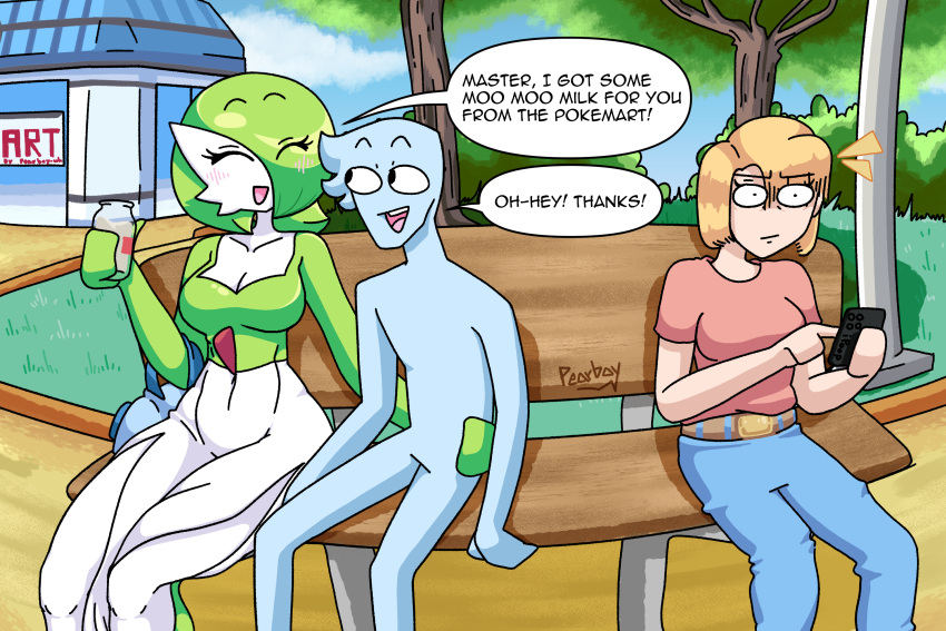 2021 arm_around_waist black_eyes blonde_hair blue_body breasts cleavage clothed clothing comic detailed_background english_text eye_through_hair eyes_closed featureless_hands female gardevoir green_hair group hair hair_over_eye happy hi_res human humanoid karen_(meme) looking_at_another looking_at_object looking_at_partner looking_at_phone male mammal medium_breasts moomoo_milk nintendo one_eye_obstructed open_mouth park_bench pearboy-ooh pearboy_(oc) pok&eacute;_mart pok&eacute;mon pok&eacute;mon_(species) sierra_(pearboy-ooh) signature sitting_on_bench size_difference speech_bubble text translucent translucent_hair trio video_games