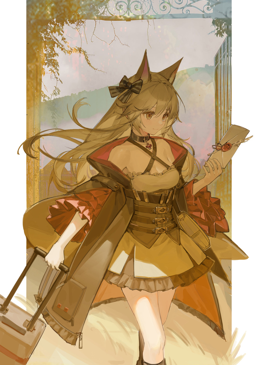 1girl absurdres animal_ears arknights black_bow bow breasts breeze_(arknights) brown_eyes brown_hair brown_jacket cleavage_cutout clothing_cutout dress feet_out_of_frame fox_ears fox_girl hair_bow highres holding jacket luggage neriash open_clothes open_jacket outdoors small_breasts solo spaghetti_strap white_dress