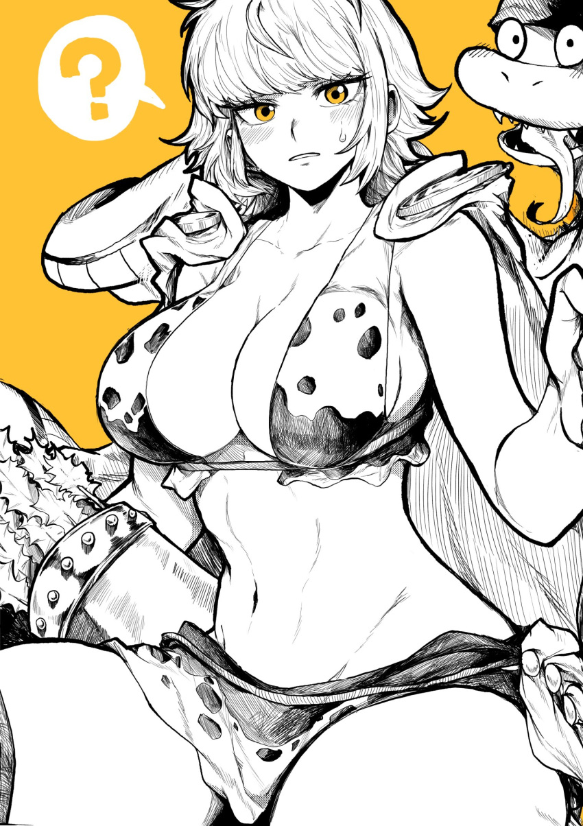 1girl 1other amazon breasts cloak collarbone highres large_breasts looking_at_viewer looking_back marguerite medium_hair monochrome navel one_piece open_mouth simple_background snake sweatdrop upper_body yellow_background yellow_eyes yotsumi_shiro