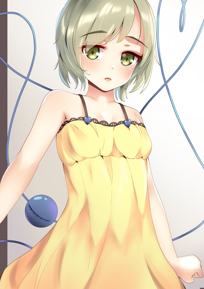 1girl absurdres armpit_peek bare_shoulders blush breasts cleavage commentary_request dress green_eyes green_hair heart highres komeiji_koishi lips looking_at_viewer mantou_xiang open_mouth shiny shiny_hair shiny_skin small_breasts solo third_eye touhou yellow_dress