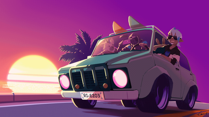 16:9 animated anthro arknights chameleon emit_azure ethan_(arknights) hi_res human humanoid hyaenid hypergryph lizard male mammal reptile scalie seaside spot_(arknights) studio_montagne sunset surfer synthwave vaporwave video_games widescreen