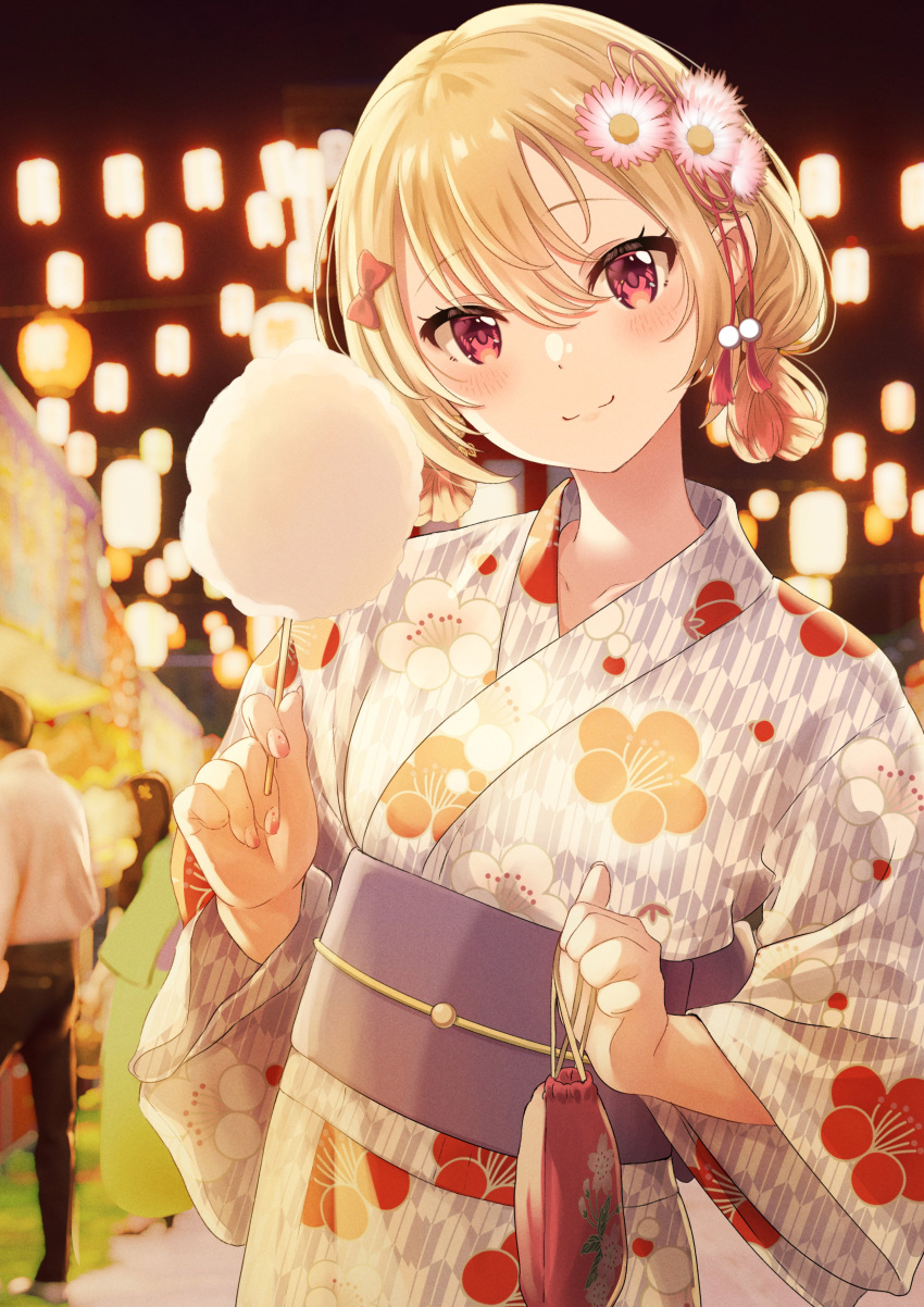 1boy 1girl absurdres bag bangs blonde_hair blush bow closed_mouth cotton_candy festival floral_print flower food hair_bow hair_flower hair_ornament hands_up highres holding holding_bag holding_food japanese_clothes kanzashi kimono kinchaku lantern long_sleeves looking_at_viewer market_stall medium_hair obi original pink_eyes pouch sash shiokazunoko smile solo_focus white_kimono yukata