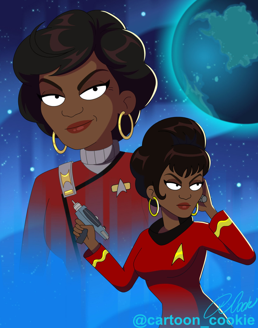 1girl black_hair cartoon_cookie earrings highres jewelry nichelle_nichols nyota_uhura phaser planet science_fiction solo space star_(sky) star_trek starfleet_uniform weapon