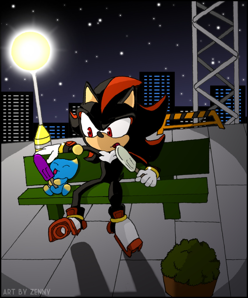 bench black_body black_fur body_hair chao_(sonic) chest_hair city city_background city_skyline clothing digital_media_(artwork) digital_painting_(artwork) duo eulipotyphlan feral food fur gloves handwear hedgehog hi_res humanoid licking light_source male mammal mobian_hedgehog night plant popsicle red_eyes red_stripes sega shaded shadow_the_hedgehog shrub sky skyline sonic_the_hedgehog_(series) star starry_sky street_lamp stripes surprised_look tongue tongue_out traditional_media_(artwork) video_game_reference white_clothing white_gloves white_handwear zennybluegenesis