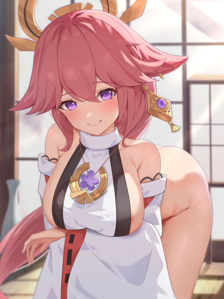 1girl absurdres animal_ears areola_slip ass bangs bare_shoulders bent_over blush breasts detached_sleeves earrings genshin_impact hair_between_eyes hair_ornament highres japanese_clothes jewelry large_breasts long_hair long_sleeves looking_at_viewer pink_hair purple_eyes smile solo thighs tokutokenzen very_long_hair wide_sleeves yae_miko