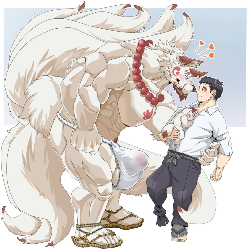 &lt;3 9_tails abs anthro arm_around_waist asian_clothing balls bead_necklace beard big_muscles big_pecs black_hair bottomwear brown_hair bulge canid canine chan_kiti_chan_(artist) child clothing duo ear_piercing east_asian_clothing erection eye_contact eye_scar facial_hair facial_markings facial_scar family father father_and_child father_and_son footwear fox fox_spirit fundoshi genitals hair head_markings hi_res holding_partner human human_on_anthro interspecies japanese_clothing jewelry larger_anthro larger_male looking_at_another male male/male mammal markings mostly_nude multi_tail muscular muscular_anthro muscular_male necklace pants parent parent_and_child pecs piercing romantic romantic_couple sandals scar shirt size_difference sleeping smaller_human smaller_male son topwear translucent translucent_clothing underwear young