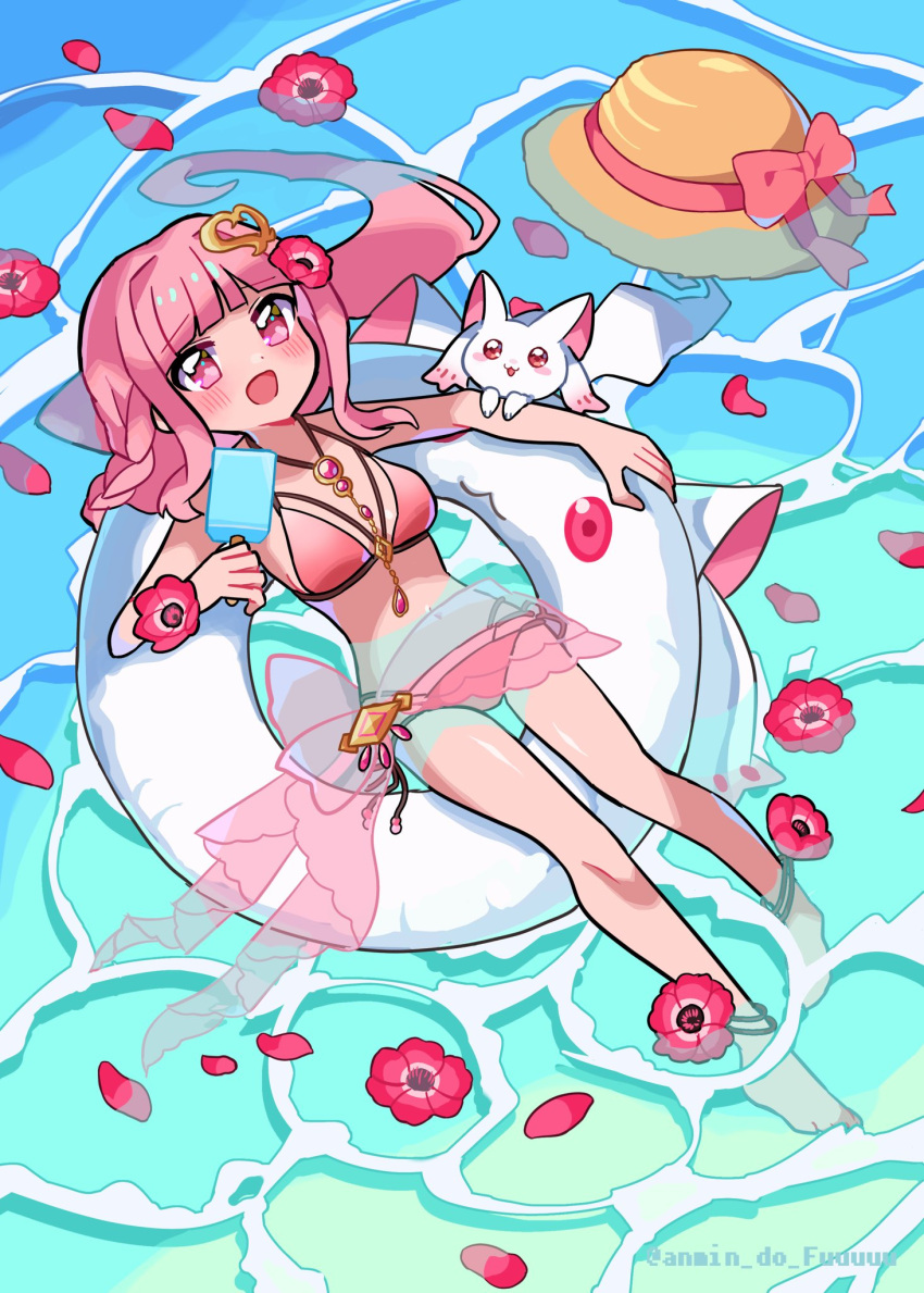 ankleband anmin_do_fuuuuu bangs bikini black_ankleband black_wristband blunt_bangs blush braid dot_nose floating_hat flower flower_on_liquid food full_body hair_flower hair_intakes hair_ornament hat hat_removed headwear_removed heart heart_hair_ornament highres innertube jewelry kyubey long_hair looking_at_viewer low-tied_long_hair lying magia_record:_mahou_shoujo_madoka_magica_gaiden mahou_shoujo_madoka_magica multi-strapped_bikini necklace objectification on_back open_mouth partially_submerged petals petals_on_liquid pink_bikini pink_eyes pink_flower pink_gemstone pink_hair pink_sarong popsicle side-tie_bikini side_braids sidelocks small_kyubey straw_hat string_bikini swimsuit tamaki_iroha_(swimsuit_ver.) twitter_username water wristband