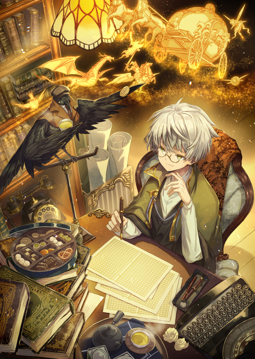 1boy absurdres animal armchair bird bird_stand black_kimono book book_stack bookshelf box cabbie_hat capelet carriage chair checkerboard_cookie clothed_animal collared_capelet cookie crow crumpled_paper cup dragon dress_shirt fairy food genkou_youshi glasses gold_trim green_capelet green_eyes grey_hair hand_up hat highres holding holding_cup holding_pen indoors japanese_clothes kimono knight light_particles looking_at_animal magic male_focus mito_itsuki mole mole_under_eye nib_pen_(object) original owl paper pen phone rolled_up_paper rotary_phone saucer semi-rimless_eyewear shirt short_hair side_handle_teapot sitting smile solo steam tea teapot tray typewriter upper_body very_short_hair white_shirt wooden_plate