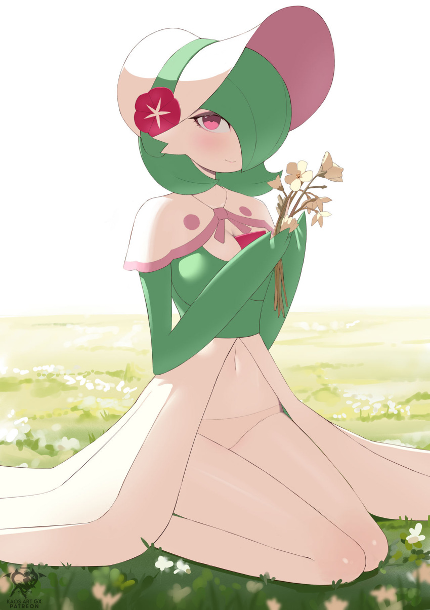 blouse blush bonnet breasts chest_spike closed_smile clothing day dress fashionable_style_gardevoir female flower front_view gardevoir grass green_body green_hair hair hair_over_eye headgear headwear hi_res holding_flower holding_object holowear_(pok&eacute;mon) humanoid kaos_art kneeling light looking_at_viewer navel nintendo one_eye_obstructed outside panties plant pok&eacute;mon pok&eacute;mon_(species) pok&eacute;mon_unite pseudo_clothing red_eyes sitting smile smiling_at_viewer solo spikes spikes_(anatomy) sunlight topwear underwear video_games white_body white_clothing white_dress