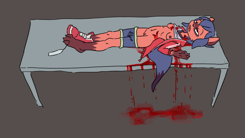 3_toes blue_hair brand_new_animal canid canine claws corpse crowskull death feet female genitals gore hair hi_res mammal michiru_kagemori morgue nipples pussy raccoon_dog simple_background snuff solo studio_trigger tanuki toe_claws toes wounded