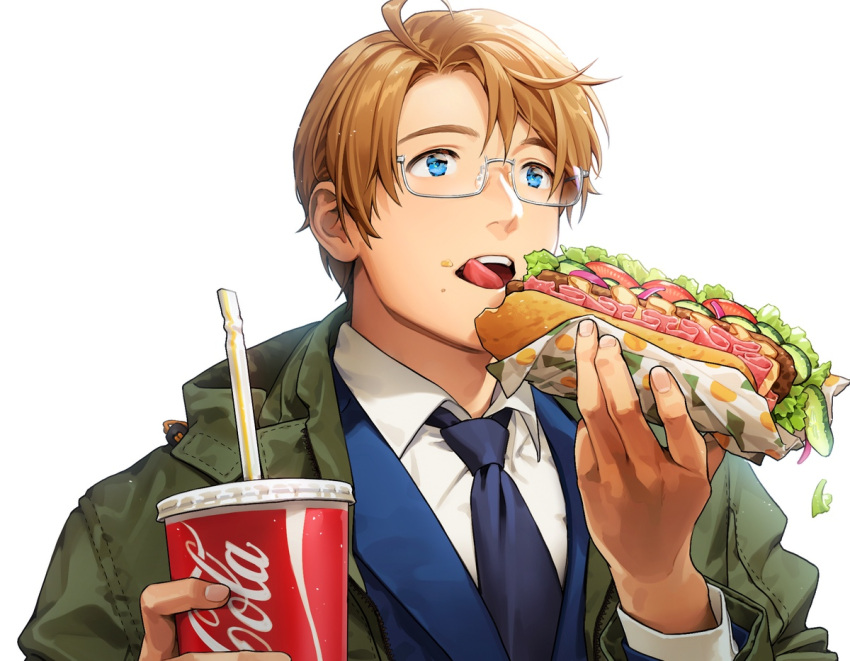 1boy america_(hetalia) axis_powers_hetalia blue_necktie blue_suit coca-cola commentary cucumber_slice cup drinking_straw eating fingernails food food_wrapper formal glasses green_jacket holding holding_cup holding_food jacket lettuce littleb623 looking_afar necktie onion sandwich simple_background subway_(company) suit symbol-only_commentary upper_body white_background