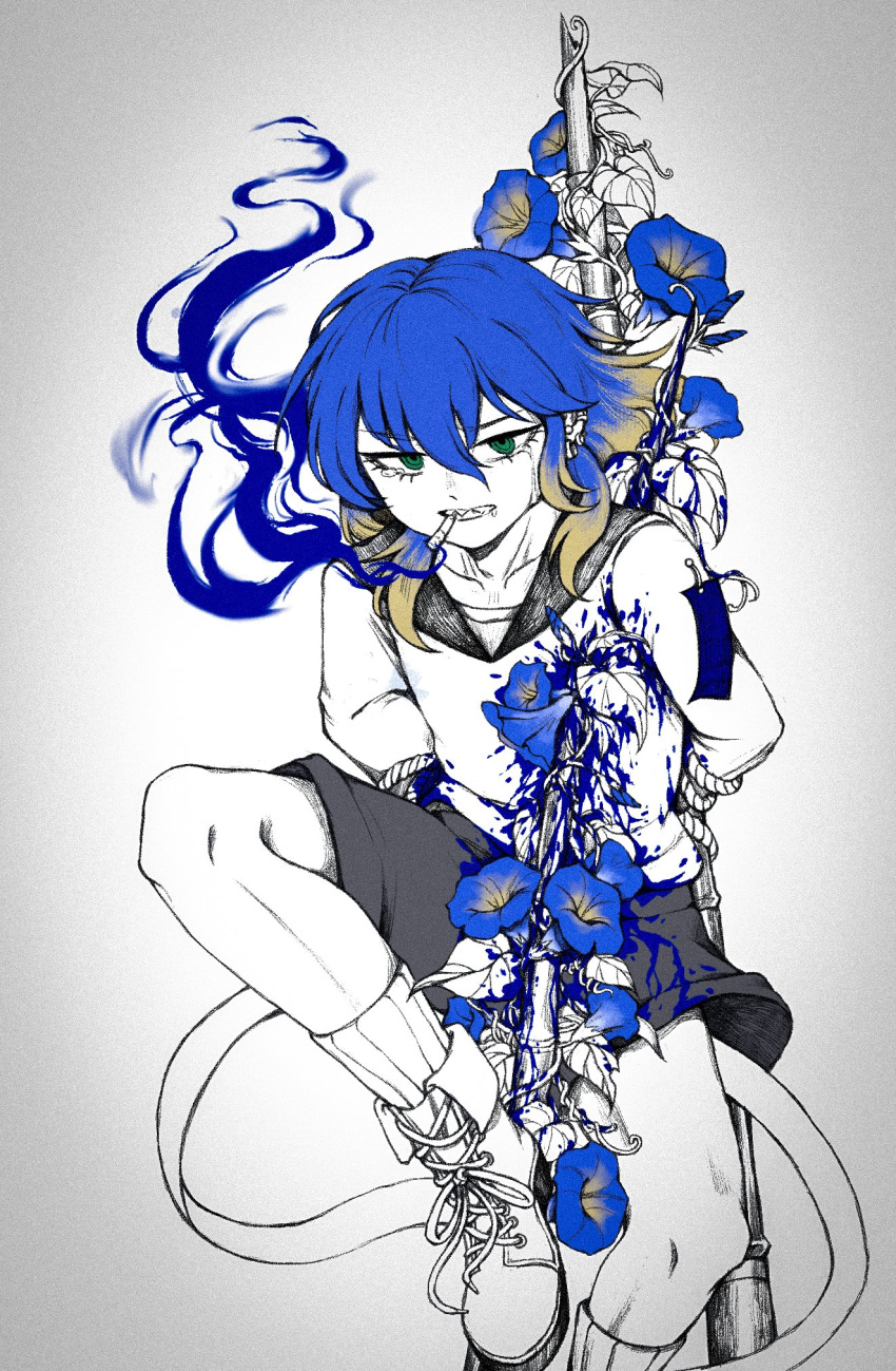 1other androgynous bangs blonde_hair blood blue_blood blue_flower blue_hair boots bound bound_wrists cigarette commentary_request cookie_(touhou) crying crying_with_eyes_open earrings flower foot_out_of_frame gradient_hair green_eyes hair_between_eyes highres impaled jewelry lakenightbug limited_palette looking_at_viewer medium_hair multicolored_hair school_uniform serafuku sharp_teeth shiriri_(cookie) shorts simple_background smoking socks solo tears teeth