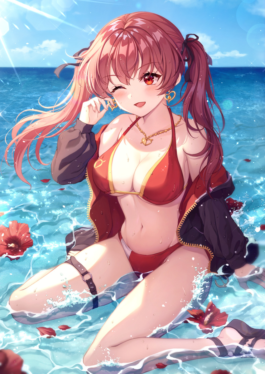 1girl ;d bangs bikini bikini_under_clothes black_jacket black_ribbon blue_sky blush breasts cleavage day earrings flower flower_on_liquid hair_ribbon heart heart_earrings heart_necklace hibiscus highres hololive hood hooded_jacket houshou_marine iyar jacket jewelry large_breasts lens_flare long_hair looking_at_viewer navel necklace ocean one_eye_closed open_mouth outdoors partially_submerged petals petals_on_liquid red_bikini red_eyes red_flower red_hair revision ribbon sitting sky smile solo sunlight swimsuit thigh_strap twintails unzipped virtual_youtuber wariza water wet zipper