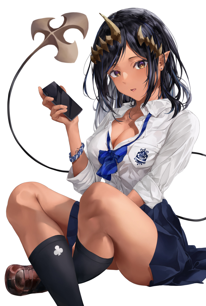 1girl 774_inc. absurdres bangs black_hair black_socks blue_bow blue_bowtie blue_hair blue_skirt bow bowtie bracelet breasts brown_footwear cellphone cleavage collared_shirt colored_inner_hair dark-skinned_female dark_skin demon_girl demon_horns demon_tail dress_shirt earrings grey_hair gyaru highres holding holding_phone honey_strap horns indian_style jewelry kneehighs large_breasts loafers long_hair long_sleeves looking_at_viewer loose_bowtie miniskirt mugi_maccha multicolored_hair official_alternate_costume open_clothes open_shirt parted_lips phone pleated_skirt pointy_ears ring shimamura_charlotte shirt shoes simple_background sitting skirt sleeves_pushed_up smartphone socks solo streaked_hair stud_earrings tail thighs virtual_youtuber white_background white_shirt wing_collar wristband yellow_eyes