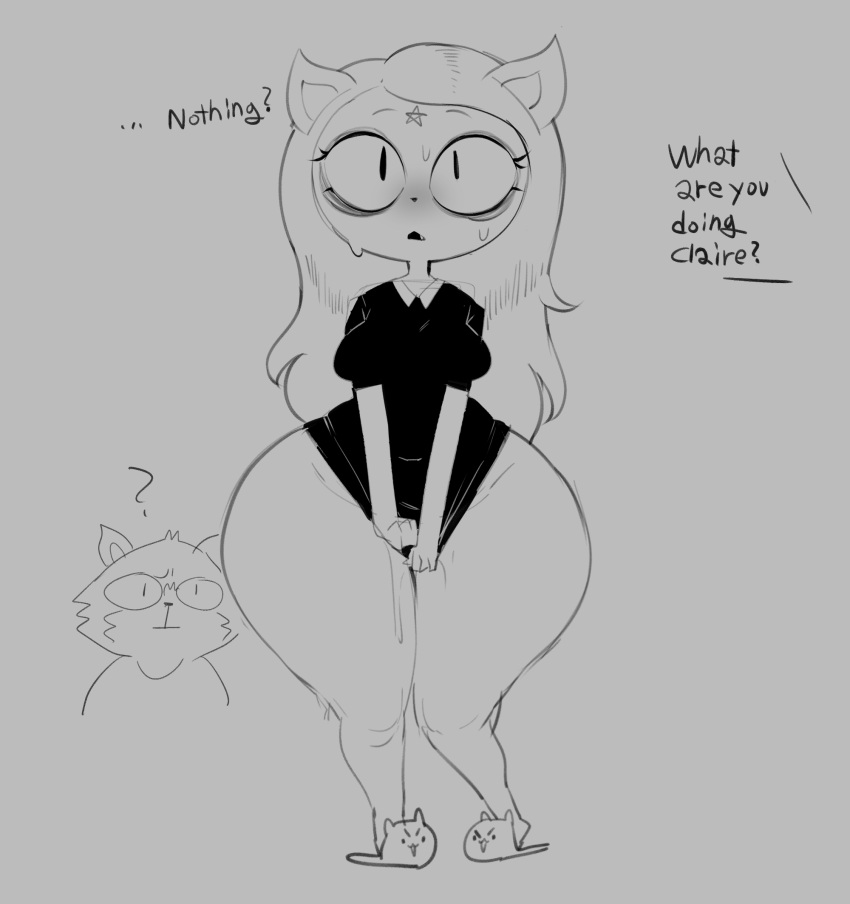 anthro big_butt blush breasts butt cartoon_hangover cham22 claire_(the_summoning) clothing dialogue domestic_cat felid feline felis female hi_res huge_hips huge_thighs looking_at_viewer mammal monochrome shirt sketch small_breasts standing t-shirt the_summoning thick_thighs topwear wide_hips