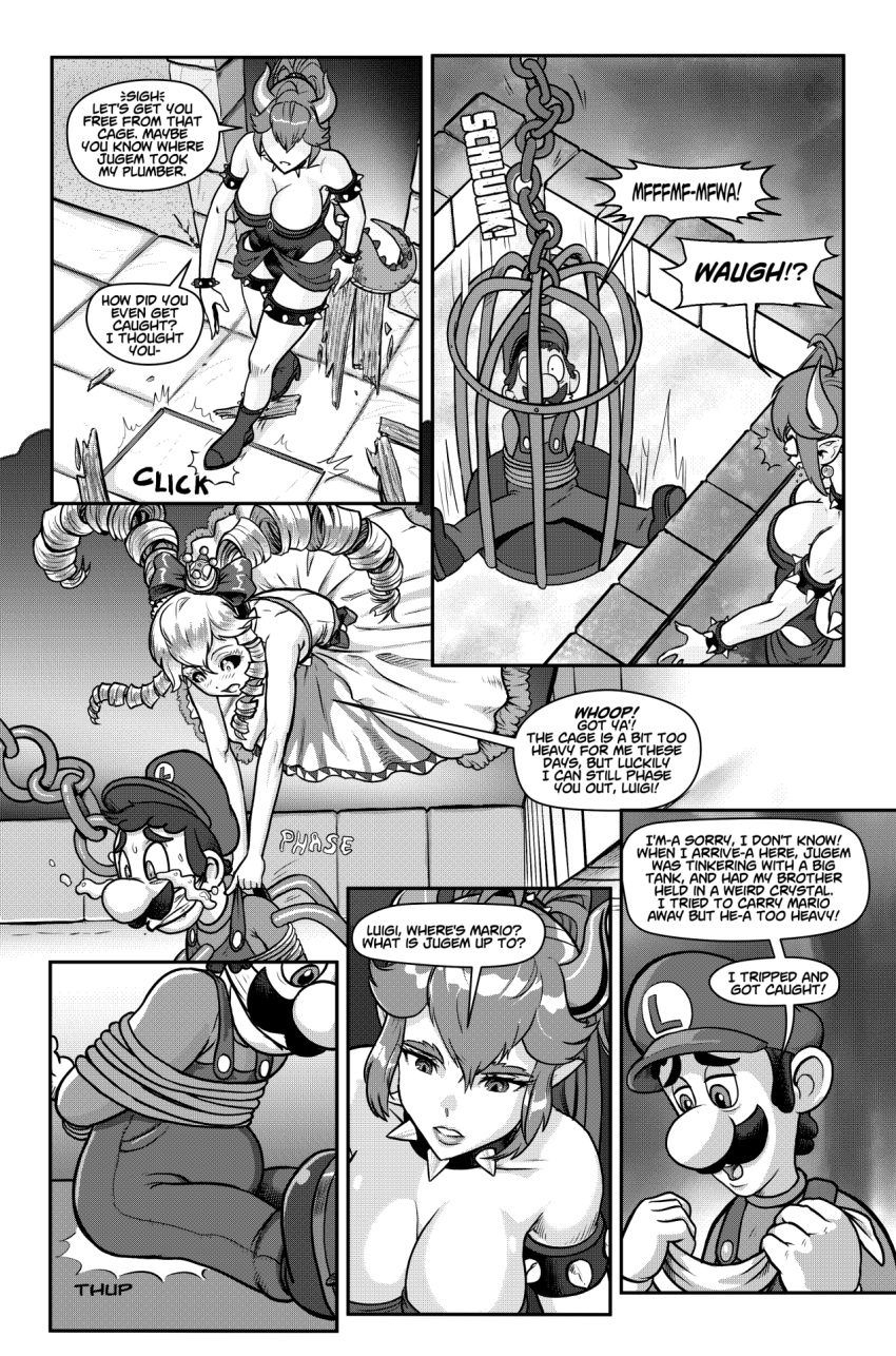 armband big_breasts black_sclera blush bodily_fluids boots bow_ribbon bowser bowsette_meme bracelet breasts cage chain clothing collar comic crown crying dialogue dialogue_box dress facial_hair female footwear gag gagged ghost hair_drills hat headgear headwear hi_res horn human humanoid jewelry king_boo koopa legband luigi luigi's_mansion male mammal mario_bros meme monochrome mustache nintendo overalls pencils_(artist) ponytail_(hair) reptile_tail rope scalie sound_effects spiked_armband spiked_bracelet spiked_collar spiked_legband spikes spirit stone_floor strapless_clothing strapless_dress strapless_leotard super_crown tears video_games