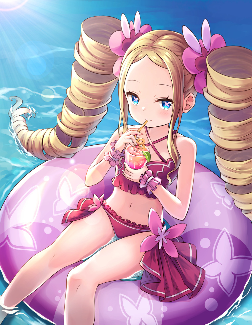 1girl absurdres beatrice_(re:zero) blonde_hair blue_eyes butterfly-shaped_pupils cup drill_hair drinking_straw feet_out_of_frame hair_ornament highres innertube long_hair looking_at_viewer navel re:zero_kara_hajimeru_isekai_seikatsu s_(hdru2332) sidelocks smile solo swimsuit symbol-shaped_pupils twin_drills water