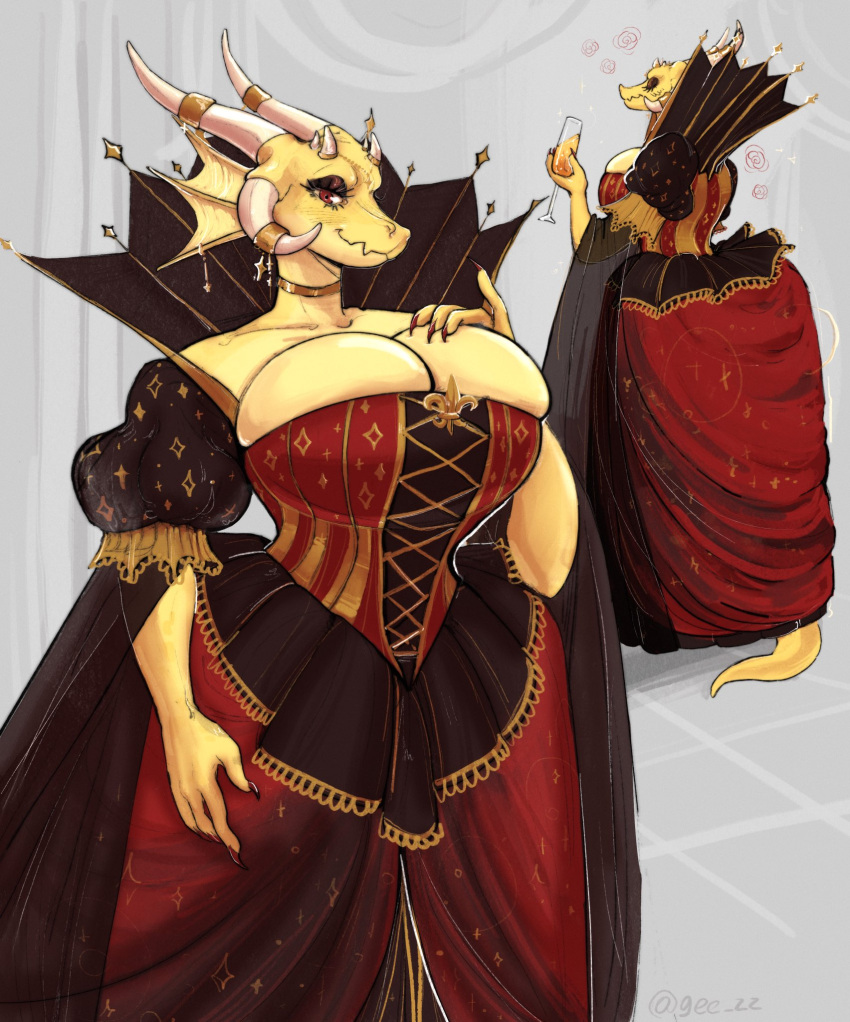 4_fingers anthro beverage big_breasts biped blush breasts cleavage cleavage_overflow clothed clothing colored corset_dress dragon dress eyelashes female fingers fully_clothed geeswest hand_on_breast hi_res holding_beverage holding_breast holding_object horn_jewelry huge_breasts red_eyes shaded smile solo standing yellow_body