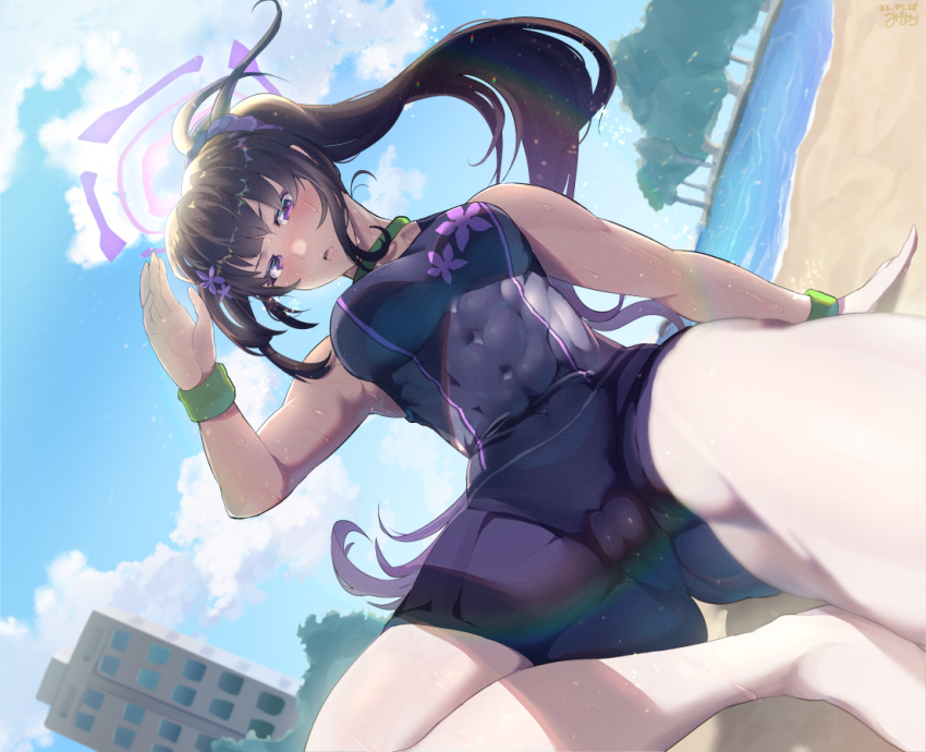 1girl abs arm_support arm_up black_hair blue_archive breasts choker covered_navel flower hair_flower hair_ornament hair_scrunchie looking_at_viewer mikichika muscular muscular_female open_mouth outdoors ponytail purple_eyes scrunchie shorts sitting sky solo sumire_(blue_archive) sweatband swimsuit