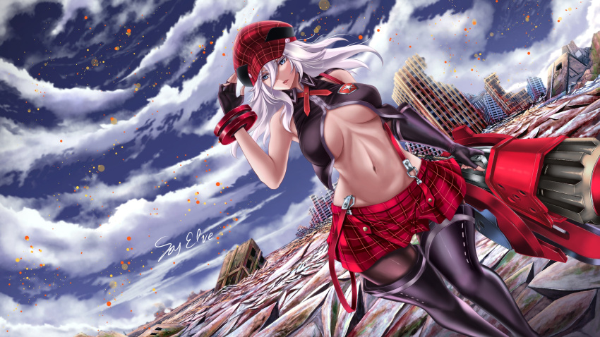1girl alisa_ilinichina_amiella asymmetrical_gloves bangs bare_shoulders black_footwear black_gloves black_pantyhose blue_eyes blue_sky boots bracer breasts building cabbie_hat cloud commentary day dutch_angle elbow_gloves fingerless_gloves gari_x64 gloves god_eater god_eater_burst gun hair_between_eyes hand_up hat highres holding holding_gun holding_weapon huge_weapon large_breasts long_hair navel outdoors pantyhose parted_lips plaid plaid_headwear plaid_skirt red_headwear red_skirt ruins sidelocks signature single_elbow_glove skirt sky skyscraper solo standing stomach suspender_skirt suspenders suspenders_slip thigh_boots underboob weapon