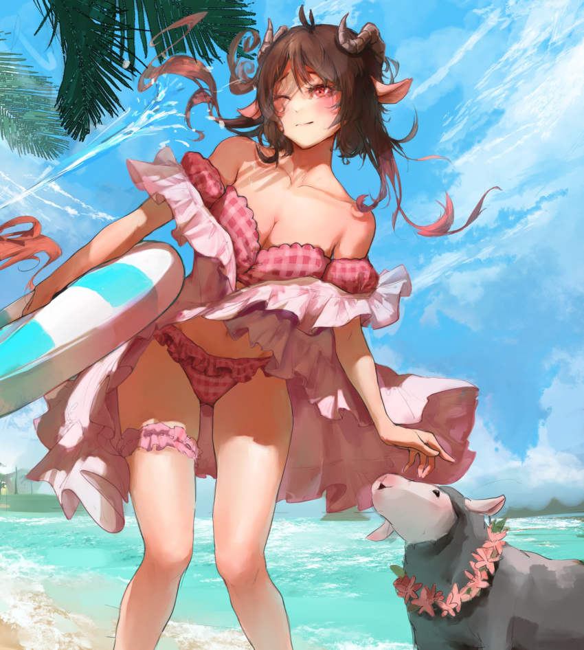 1girl animal_ears arknights banban_ban bangs bare_shoulders bikini blue_sky blush breasts bridal_garter brown_hair chinese_commentary cleavage cloud collarbone commentary_request day eyjafjalla_(arknights) eyjafjalla_(summer_flowers)_(arknights) feet_out_of_frame gradient_hair highres holding holding_innertube horns innertube long_hair multicolored_hair navel off-shoulder_bikini off_shoulder one_eye_closed pink_bikini pink_eyes pink_hair sheep sheep_ears sheep_horns short_sleeves sky solo standing striped_innertube swimsuit thighs