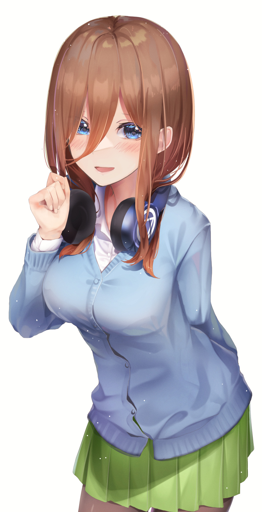 1girl :d absurdres bangs blue_cardigan blue_eyes blush breasts brown_hair cardigan collared_shirt commentary_request dress_shirt go-toubun_no_hanayome green_skirt hair_between_eyes hand_up headphones headphones_around_neck highres large_breasts long_hair long_sleeves looking_at_viewer nakano_miku open_mouth pleated_skirt school_uniform shirt sidelocks simple_background skirt smile solo standing sweater white_background white_shirt yuunamida_uyu