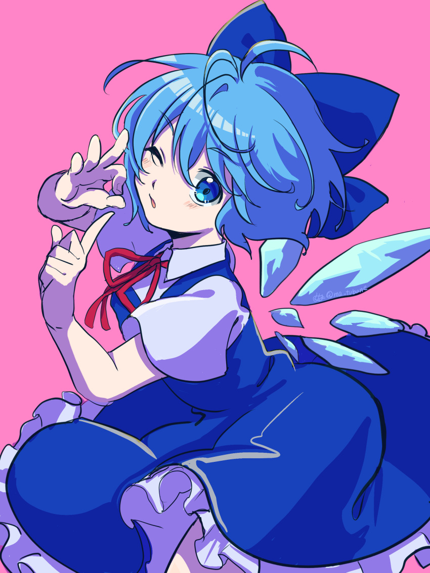 1girl ;o absurdres bangs blue_bow blue_dress blue_eyes blue_hair blush bow cirno collared_shirt commentary cowboy_shot dress emoriza frilled_dress frills hair_bow hand_gesture highres ice ice_wings looking_at_viewer medium_hair one_eye_closed open_mouth pinafore_dress pink_background red_ribbon ribbon shirt short_sleeves simple_background solo touhou white_shirt wings