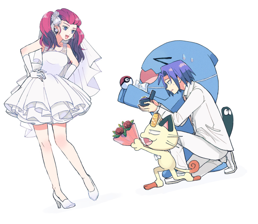 1boy 1girl alternate_costume atsumi_yoshioka bouquet bow bowtie commentary_request dress earrings eyelashes flower gloves high_heels highres holding holding_poke_ball jacket james_(pokemon) jessie_(pokemon) jewelry long_hair meowth pants poke_ball poke_ball_(basic) pokemon pokemon_(anime) pokemon_(creature) red_flower shoes sweat twintails white_background white_bow white_bowtie white_dress white_footwear white_gloves white_jacket white_pants wobbuffet