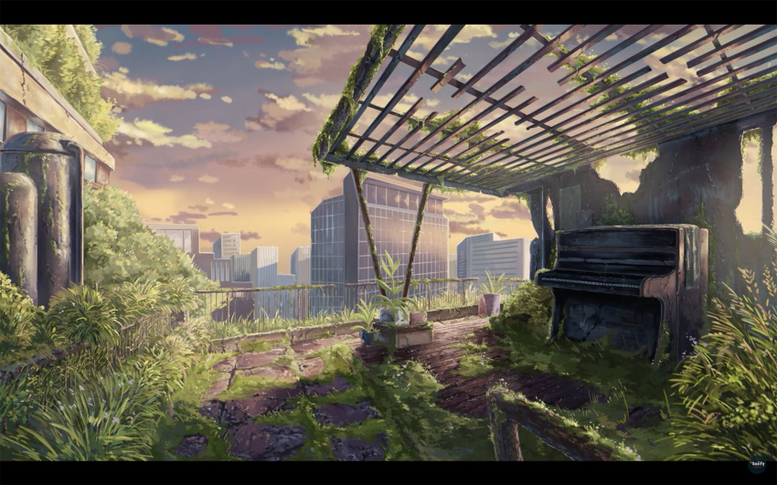 building city cityscape cloud grass highres instrument kenth.ton no_humans original outdoors overgrown piano railing rust scenery skyscraper sunset