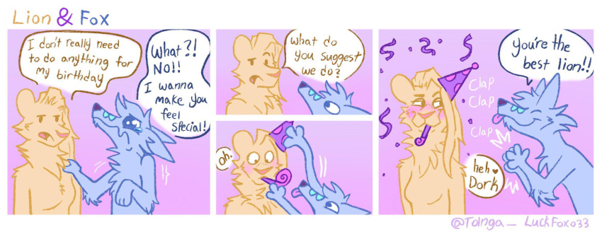 &lt;3 4_panel_comic andromorph andromorph/gynomorph anthro birthday birthday_hat blep blue_body blue_fur blush blush_lines bodily_fluids border canid canine cheek_tuft chest_tuft confetti dialogue dialogue_box duo elbow_tuft facial_tuft felid fox fur gynomorph half-closed_eyes hi_res intersex intersex/intersex lion love mammal narrowed_eyes neck_tuft open_mouth pantherine party_horn purple_background romantic romantic_couple simple_background smile smirk smug smug_face sound_effects tatum_(tolng) tears teary_eyes tolng tolnga tongue tongue_out trans_(lore) trans_man_(lore) trans_woman_(lore) tuft white_border wide_eyed yellow_body yellow_fur