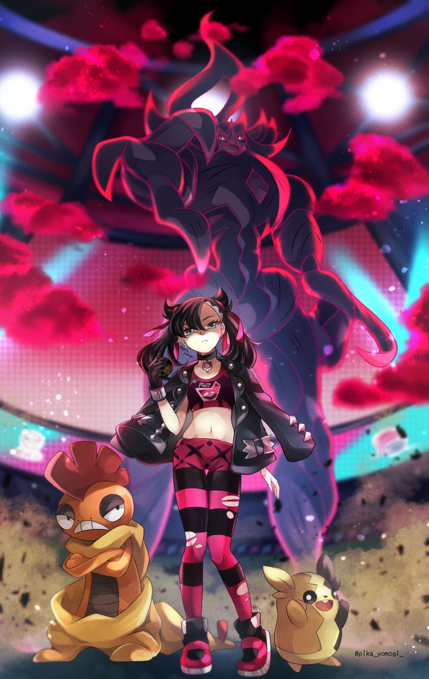 1girl black_choker black_hair black_jacket choker closed_mouth dusk_ball dust_cloud dynamax_band ear_piercing full_body gigantamax gigantamax_grimmsnarl green_eyes grimmsnarl hair_ribbon highres holding holding_poke_ball jacket jacket_on_shoulders looking_at_viewer marnie_(pokemon) morpeko morpeko_(full) navel pants pendant_choker piercing pink_ribbon poke_ball pokemon pokemon_(creature) pokemon_(game) pokemon_swsh ribbon rubble scrafty smoke sports_bra stadium taut_clothes thigh_gap torn_clothes torn_pants two_side_up yomogi_(black-elf)