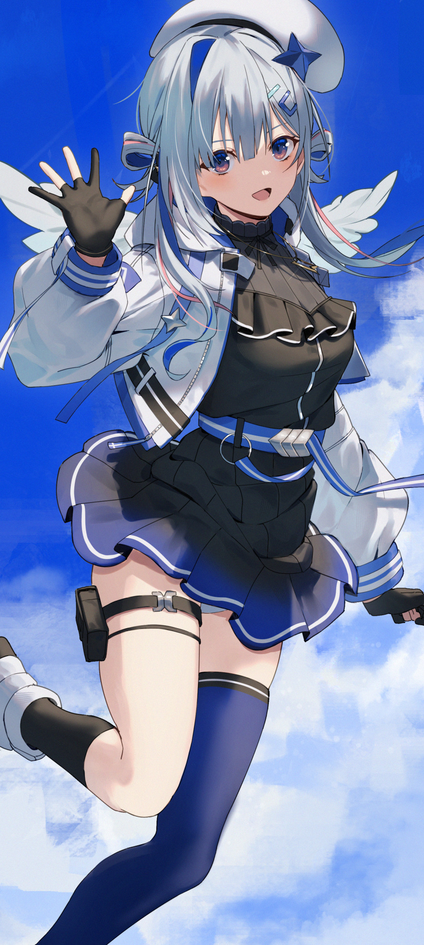 1girl :d absurdres amane_kanata asymmetrical_legwear bangs belt beret black_dress black_gloves blue_belt blue_hair breasts cloud colored_inner_hair day dress feathered_wings flying gloves grey_hair hair_ornament hair_rings hairclip hand_up hat high_collar highres hololive jacket jewelry knee_up long_sleeves looking_at_viewer mini_wings mismatched_legwear moonlaw multicolored_hair necklace official_alternate_costume open_mouth outdoors partially_fingerless_gloves pleated_dress puffy_long_sleeves puffy_sleeves purple_eyes shoes short_dress short_hair single_hair_intake single_sock single_thighhigh sky sleeveless sleeveless_dress smile sneakers socks solo star_(symbol) star_necklace thigh_pouch thigh_strap thighhighs twintails uneven_legwear virtual_youtuber waving white_footwear white_headwear white_jacket white_wings wings zettai_ryouiki