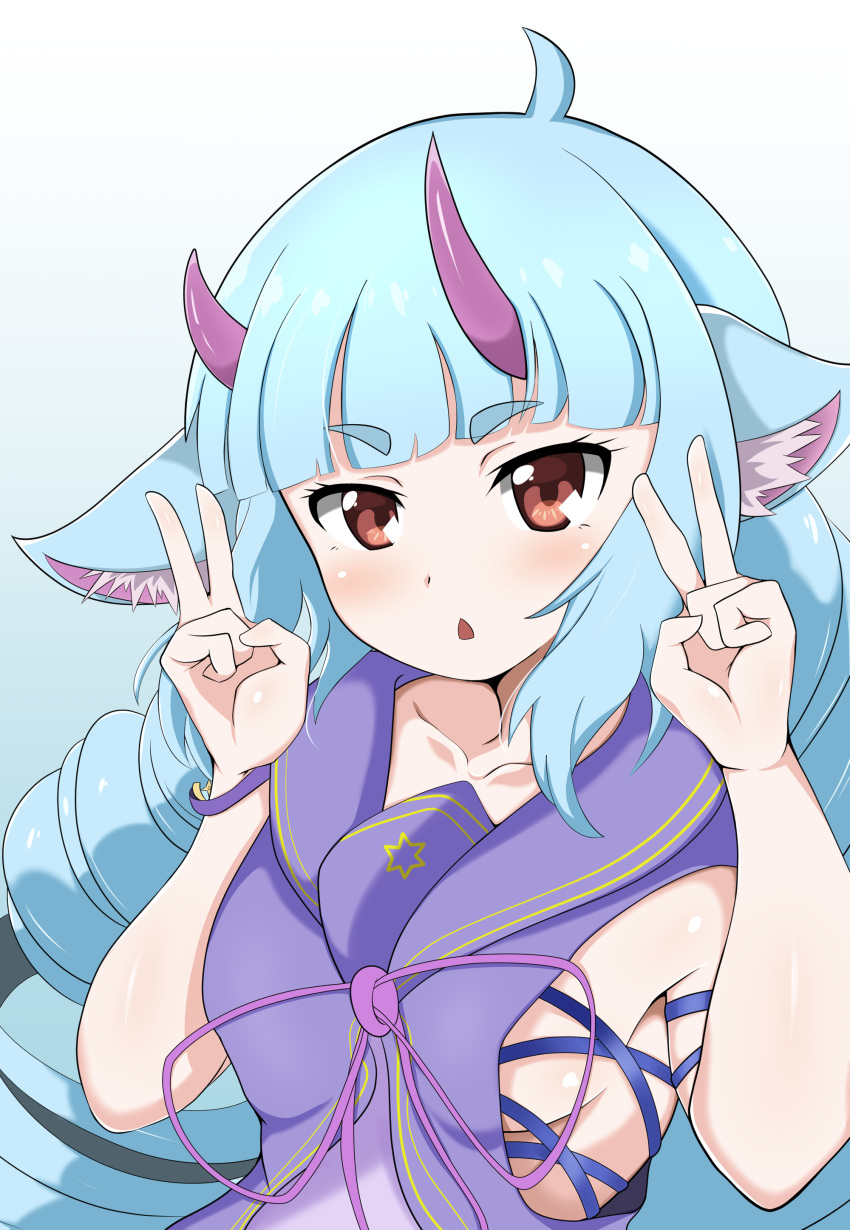 absurd_res animal_humanoid blue_hair blush breasts clothing delmin_(show_by_rock!!) demon dragon dragon_humanoid dress female hair hi_res horn humanoid long_hair open_mouth show_by_rock!! wumbo_(artist)